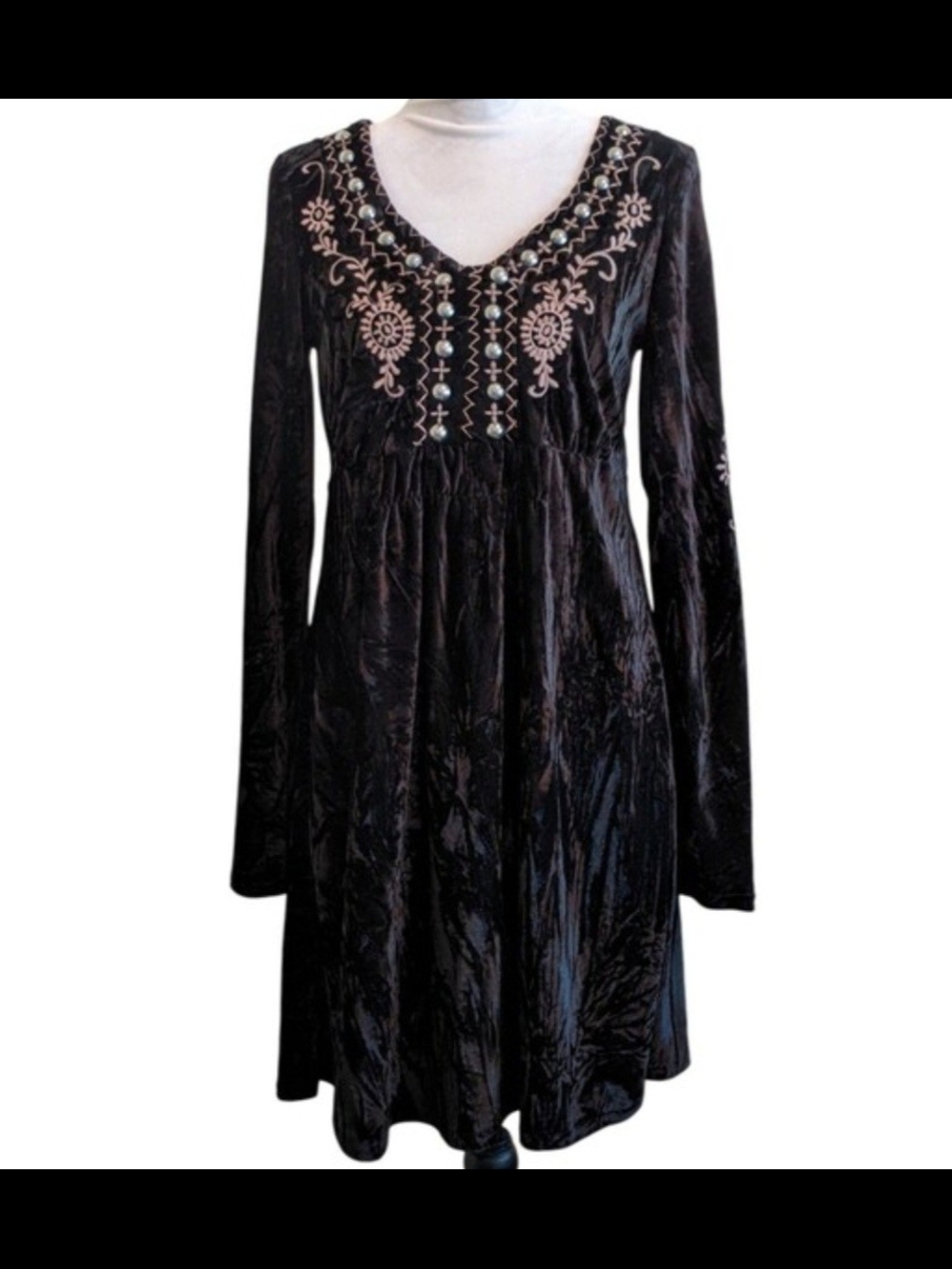 Vintage Roper Black Velvet Mini Dress with Stud & Embroidery Detail
